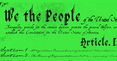 Digital image of written constitution of the United States moving in the screen against a green...