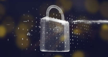 Digital image of white digital lock and numbers changing around it. Dark background shows blurred yellow bokeh lights. 4kの写真素材