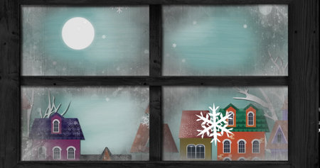 Image of white silhouette on santa claus in sleigh being pulled by reindeer with winter scenery seen through window in the background. christmas festivity celebration concept digitally generatedの写真素材