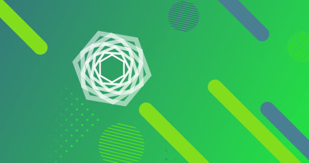 Image of spinning hexagon over multiple geometric shapes and circles moving in hypnotic motion in...
