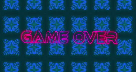 Image of game over text in pink metallic letters over neon diamonds and blue kaleidoscope shapes. Global network of connection and image game concept digitally generated image.の写真素材