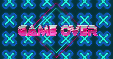 Image of game over text in pink metallic letters over neon diamonds and blue kaleidoscope shapes. Global network of connection and image game concept digitally generated image.の写真素材