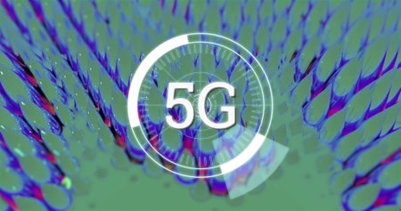 Image of 5g text in white spinning scope over 3d multi coloured background. Connection and communication concept digitally generated image.の写真素材