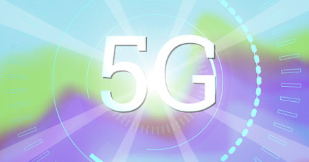 Image of 5g text over scope scanning and glowing colourful background. Global network of connection...