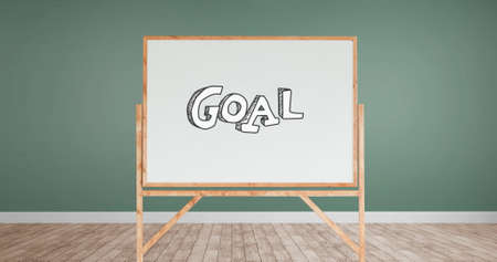 Digital image of a Goal text being written in a white board with wooden frame in a room with green walls and wooden floorの写真素材