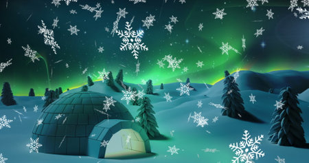 Digital image of snowflakes falling over igloo on winter landscape against moon in night sky....