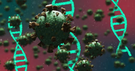 Image of 3D virus cells spreading with rotating DNA strands. Global virus pandemic concept digitally generated image.の写真素材