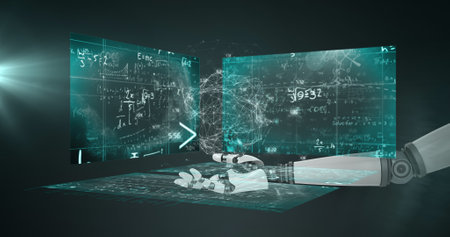 Globe of network of connections over robotic hand against screens with mathematical equations....