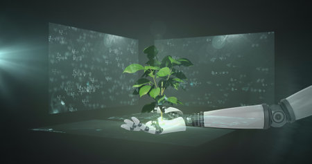 Plant over robotic hand against screens with mathematical equations on black background. mathematical and robotics research technology conceptの写真素材