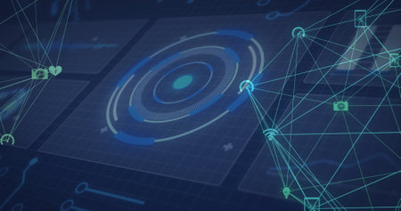 Image of scopes scanning and networks of connections on screens. global connections, technology and...