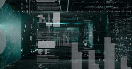 Mathematical equations floating against statistical data processing against black background. computer interface and technology conceptの写真素材