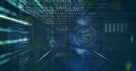 Image of scope scanning and data processing over digital screens. global connections, technology and...