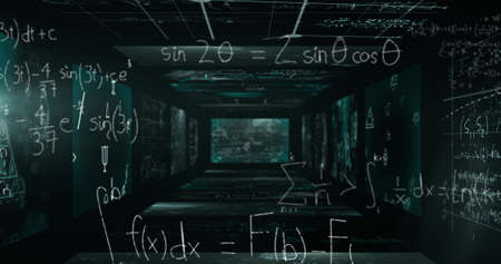 Image of mathematical equations floating over a tunnel made of screens showing mathematical formulae...