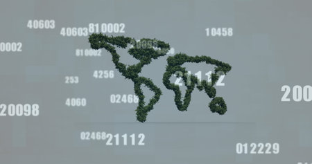 Image of numbers changing over world map contoured with trees on blue background. global travel, shipping, delivery and shopping concept digitally generated image.の写真素材