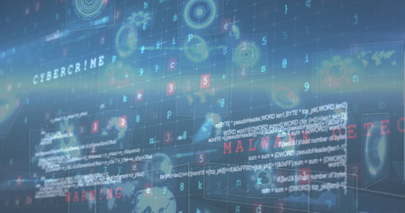 Image of scopes scanning and data processing on screens with cyberattack warning. global connection,...