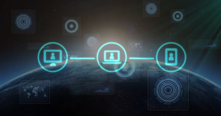 Image of scopes scanning and three digital icons over globe and sun. global connections, technology...