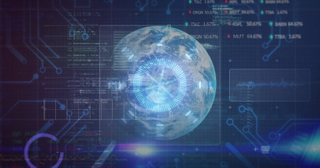 Image of scope scanning and data processing on screens over globe. global connections, technology and digital interface concept digitally generated image.の写真素材