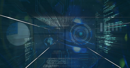 Image of scope scanning and data processing over digital screens. global connections, technology and digital interface concept digitally generated image.の写真素材