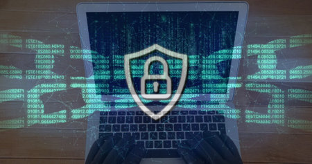 Image of digital interface data processing with online security over laptop computer screen. Global...