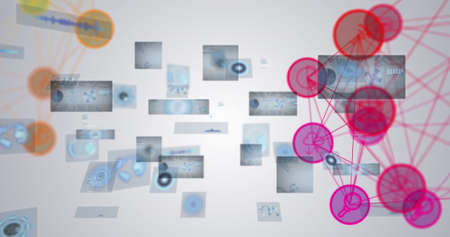 Image of networks of connections, scopes scanning and data processing on screens. global...