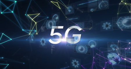 Image of 5g text over scopes scanning and data processing on screens. global connections, technology and digital interface concept digitally generated image.の写真素材
