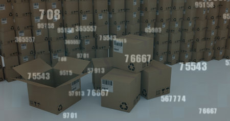 Image of numbers changing over stacks of cardboard boxes. global shipping, delivery and shopping...