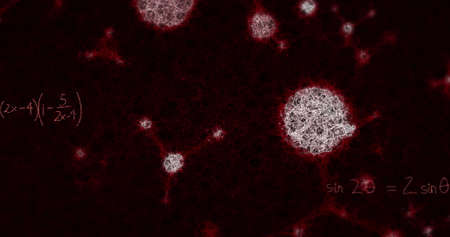 Image of macro cells floating with mathematic formulae. virus pandemic concept digital composite.