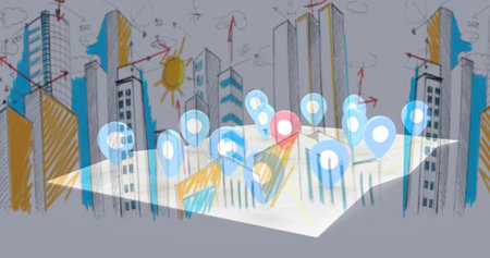 Image of map with location pins over cityscape. global travel, shipping, delivery and shopping...