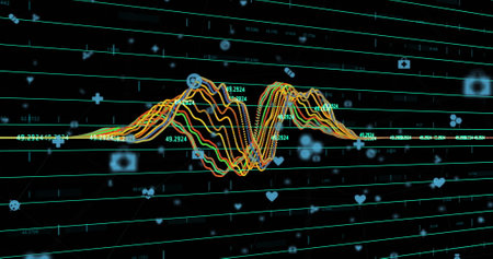 Digital image of Financial data processing and digital icons over green horizontal against black...