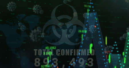 Biohazard symbol with increasing numbers and Covid-19 cells over financial data processing against...
