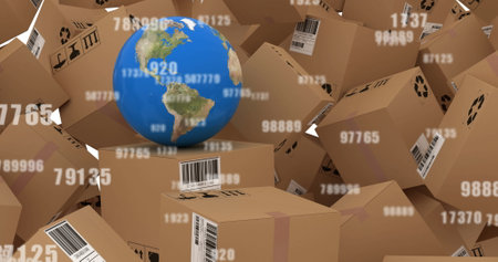 Image of numbers changing over globe and cardboard boxes in background. global shipping, delivery and shopping concept digitally generated image.の写真素材