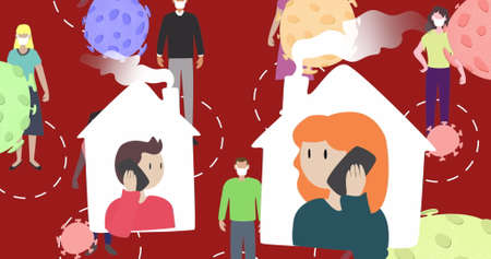 Pictograms of macro virus cells floating over digital generated people using smartphones at home....