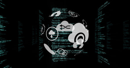 Image of globe made of social icons spinning over data processing on black background. Science and...
