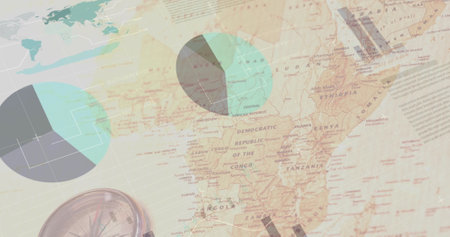 Image of multiple graphs rolling over a compass lying on a map. digital interface global connections concept digitally generated image.の写真素材