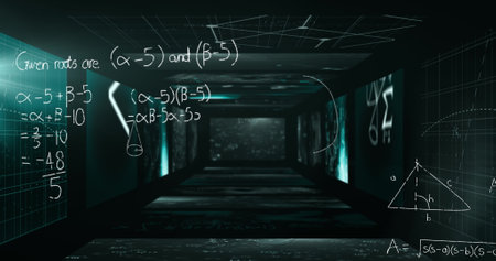 Image of mathematical formulae over a tunnel made of screens showing mathematical equations floating. Science and research concept digitally generated imageの写真素材
