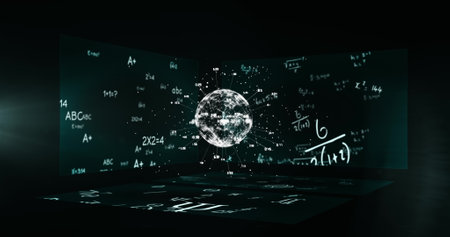 Image of a globe with numbers spinning over three screens showing mathematical equations floating. Science and research concept digitally generated imageの写真素材