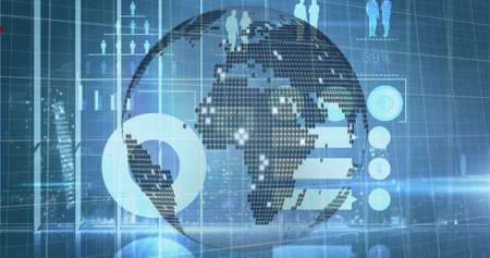 Image of graphs with data and information moving over a globe spinning. digital interface global...