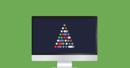 Image of digital Christmas tree formed with colourful circles and geometric shapes displayed on...