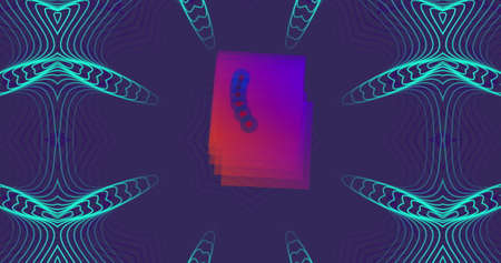 Image of pink squares moving in hypnotic motion on blue kaleidoscope shapes on purple background....