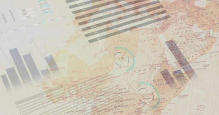 Image of multiple graphs rolling over a compass lying on a map. digital interface global connections concept digitally generated image.の写真素材