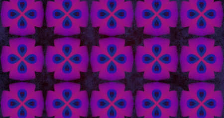 Image of pink squares moving in hypnotic motion with kaleidoscope shapes on purple background....