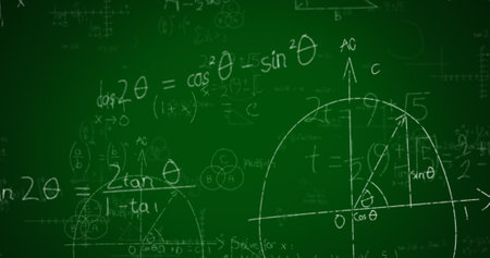 Image of mathematical formulae, data processing and digital information flowing on green background. Global network, science and data processing concept digitally generated image.の写真素材