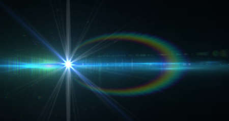 Image of glowing blue spot of light with lens flare moving in hypnotic motion in seamless loop on black background. Light colour and movement concept digitally generated image.の写真素材