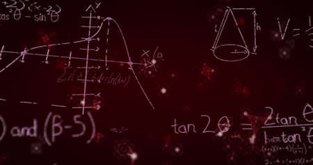 Image of graphs and mathematical formulae floating on red chalkboard. Coronavirus Covid-19 pandemic...