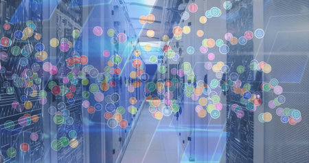 Image of digital icons over blue screens and computer servers in background. global connections and...
