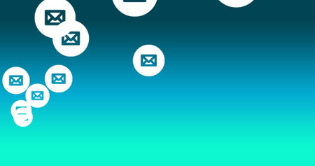 Image of multiple email envelopes icons floating against yellow background. Global social media network concept digitally generated image.の写真素材