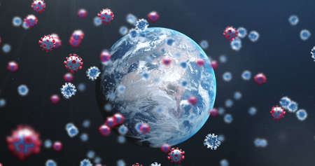 Image of multiple 3d virus cells floating over planet Earth in the background. Global virus pandemic concept digitally generated image.の写真素材