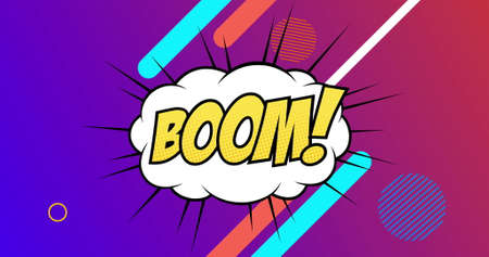 Image of Boom! text written in yellow on retro speech bubble over multiple abstract shapes moving in hypnotic motion in background. Vintage colour and movement concept digitally generated image.の写真素材