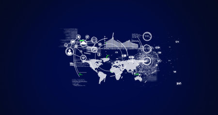 Image of scopes scanning, network of connections and data processing over world map. global...