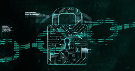 Image of white file icons falling over a view of padlock and chain icons made from processing data on black background. Global online security concept.の写真素材